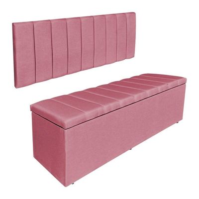 Kit Cabeceira Painel E Calçadeira Recamier Baú King 1,95m Holanda Suede Rosa - Pallazio