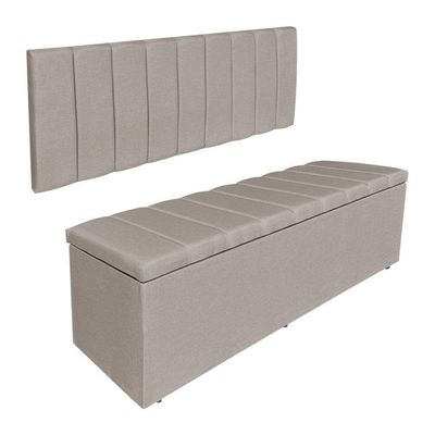Kit Cabeceira Painel E Calçadeira Recamier Baú Queen 1,60m Holanda Linho Cappuccino - Pallazio