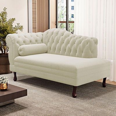 Divã Recamier Lavínia Clássico 120cm Capitonê Com Pés De Madeira Bouclê Bege - Desk Design