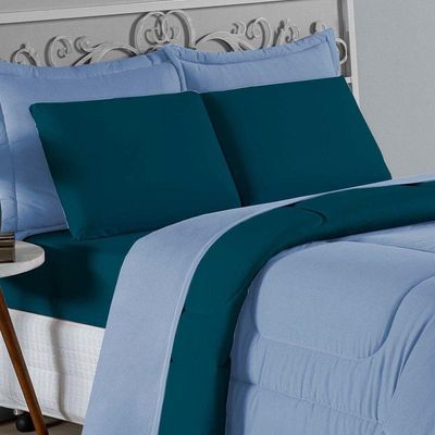 Kit Edredom Dupla Face + Jogo De Lençol Casal Viúva Nobre 6 Peças Malha 100% Algodão - Azul-bebê / Petróleo