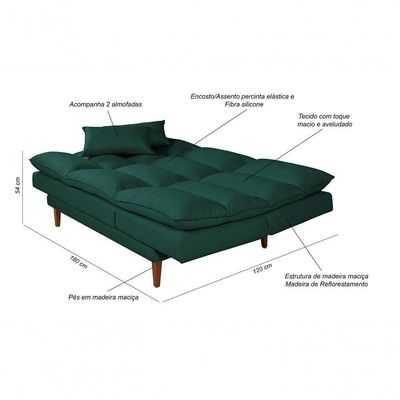 Sofá Cama Vancouver 3 Lugares Império Reclinável Casal Pés Madeira Suede Verde 403