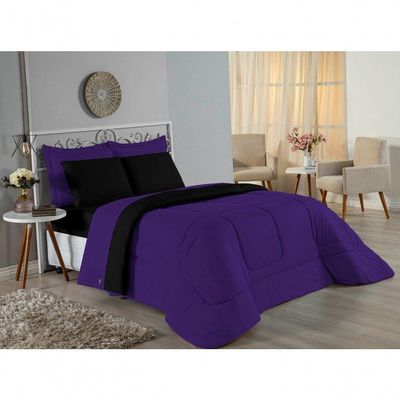 Kit Edredom Dupla Face + Jogo De Lençol Solteiro Nobre 4 Peças Malha 100% Algodão - Roxo / Preto