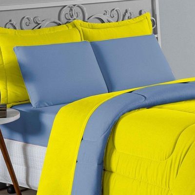 Edredom Queen Nobre 1 Peça Dupla Face 2,20m X 2,40m Malha 100% Algodão - Amarelo / Azul-bebê
