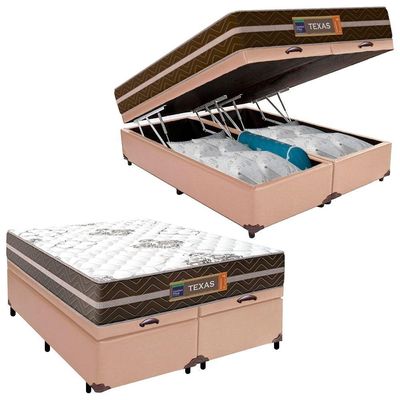 Cama Box Baú Casal Bipartido Sintético + Colchão Molas Ensacadas Texas Prime Colchões 138cm Suporta Até 120kg Por Pessoa
