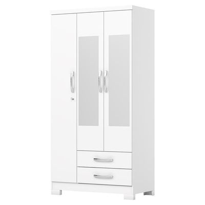 Guarda Roupa Solteiro Açaí 3 Portas E 2 Gavetas Branco Com Espelho - Móveis Henn