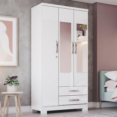 Guarda Roupa Solteiro Açaí 3 Portas E 2 Gavetas Branco Com Espelho - Móveis Henn