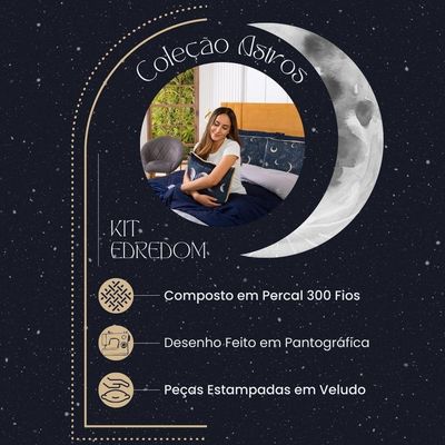 Kit Edredom Solteiro Astros Azul Marinho Com Almofada Estampada 04 Peças - Dupla Face Percal 300 Fios