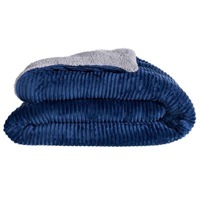 Kit Coberdrom Canelado Versalhes Azul Marinho King 03 Peças - Dupla Face Manta E Sherpa Colorida