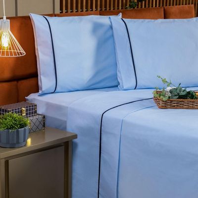 Jogo De Cama Lençol King Milano Liso Com Fronhas Viés 04 Peças - Percal Algodão 200 Fios Cor Azul