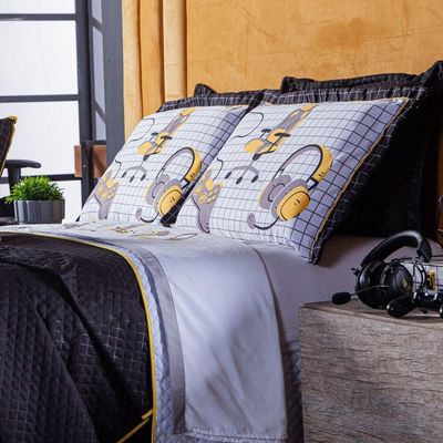 Jogo De Cama Lençol Casal Padrão Game Streamer Branco Com Fronhas E Virol Estampados 04 Peças - Percal 200 Fios