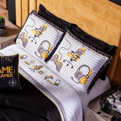Jogo De Cama Lençol Casal Padrão Game Streamer Branco Com Fronhas E Virol Estampados 04 Peças - Percal 200 Fios