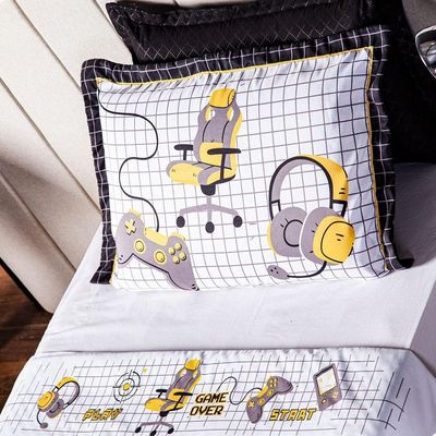 Jogo De Cama Lençol Casal Padrão Game Streamer Branco Com Fronhas E Virol Estampados 04 Peças - Percal 200 Fios