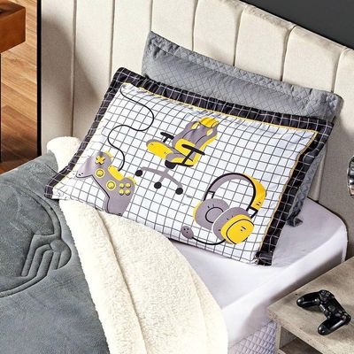 Jogo De Cama Lençol Casal Padrão Game Streamer Branco Com Fronhas E Virol Estampados 04 Peças - Percal 200 Fios