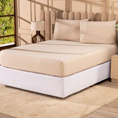 Jogo De Cama Lençol Queen Sublime Bordado Inglês Percal 300 Fios Com Fronhas 04 Peças - Toque Acetinado Cor Caqui