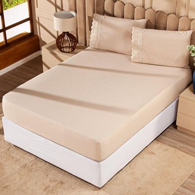 Jogo De Cama Lençol Queen Sublime Bordado Inglês Percal 300 Fios Com Fronhas 04 Peças - Toque Acetinado Cor Caqui