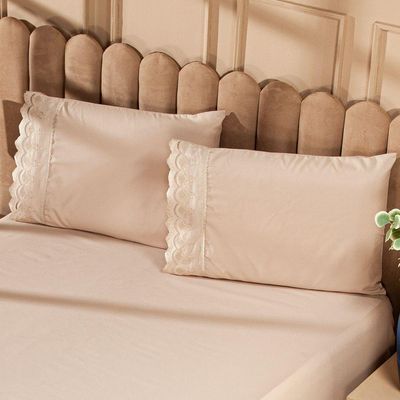 Jogo De Cama Lençol Queen Sublime Bordado Inglês Percal 300 Fios Com Fronhas 04 Peças - Toque Acetinado Cor Caqui