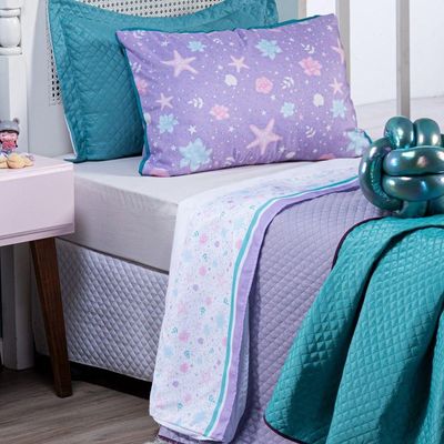 Jogo De Cama Lençol Casal Padrão Sereia Branco Com Fronhas E Virol Estampados 04 Peças - Percal 200 Fios
