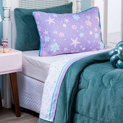 Jogo De Cama Lençol Casal Padrão Sereia Branco Com Fronhas E Virol Estampados 04 Peças - Percal 200 Fios