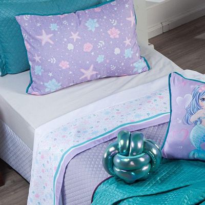 Jogo De Cama Lençol Casal Padrão Sereia Branco Com Fronhas E Virol Estampados 04 Peças - Percal 200 Fios