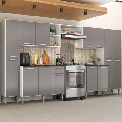 Armário Cozinha Modulada Completa 329,5cm Pequim Top Multimóveis Mp3767 Branco-lacca Fumê