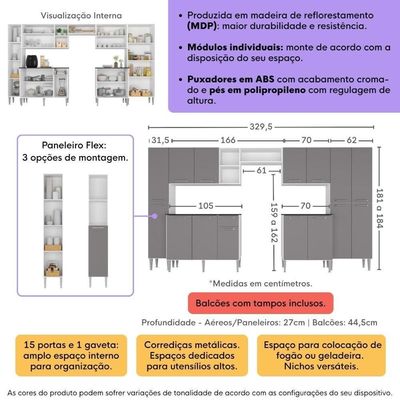 Armário Cozinha Modulada Completa 329,5cm Pequim Top Multimóveis Mp3767 Branco-lacca Fumê