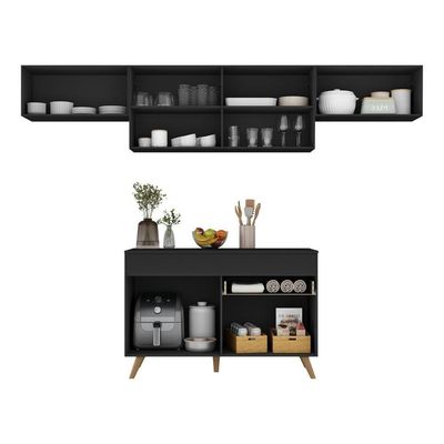 Armário Cozinha Modulada Compacta 260cm Com Balcão Veneza Multimóveis Mp3766 Preto/dourado