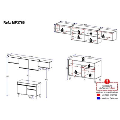 Armário Cozinha Modulada Compacta 260cm Com Balcão Veneza Multimóveis Mp3766 Preto/dourado
