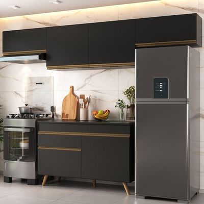 Armário Cozinha Modulada Compacta 260cm Com Balcão Veneza Multimóveis Mp3766 Preto/dourado