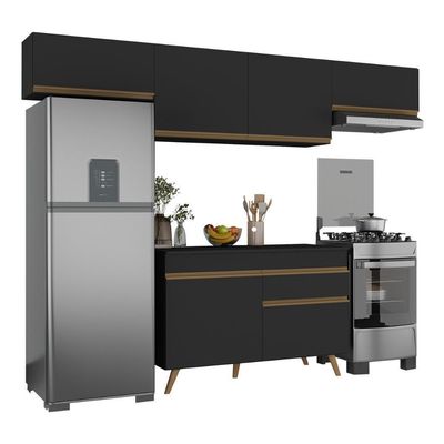 Armário Cozinha Modulada Compacta 260cm Com Balcão Veneza Multimóveis Mp3766 Preto/dourado