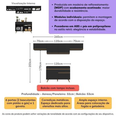 Armário Cozinha Modulada Compacta 260cm Com Balcão Veneza Multimóveis Mp3766 Preto/dourado