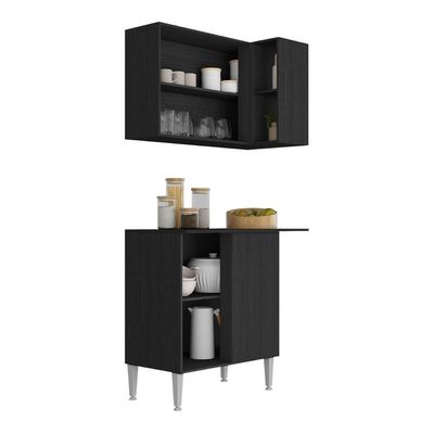 Kit Armário De Cozinha Aéreo Canto Com Balcão 90cm 3 Portas Pequim Multimóveis Mp2381 Preto