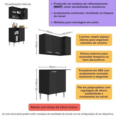 Kit Armário De Cozinha Aéreo Canto Com Balcão 90cm 3 Portas Pequim Multimóveis Mp2381 Preto