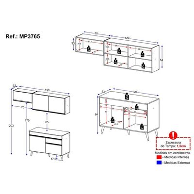 Armário Cozinha Modulada Compacta Com Balcão 3 Peças Veneza Multimóveis Mp3765 Preto/dourado