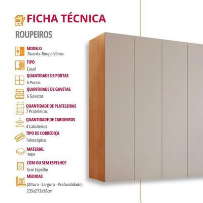 Guarda Roupa Casal Venus Mdf 6 Portas E 6 Gavetas Moderna Naturalle/off White