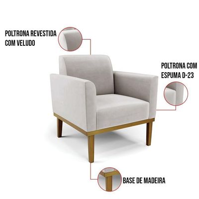 Sofá Namoradeira Com 2 Poltronas Base De Madeira Fixa Castanho Marisa Veludo Cinza D03 - D?rossi