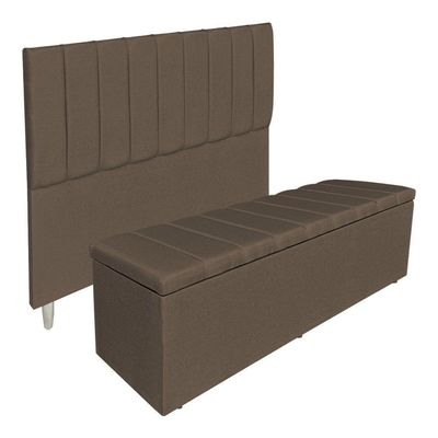 Kit Cabeceira E Calçadeira Recamier Baú Casal 1,40m Holanda Linho - Pallazio Cor Marrom