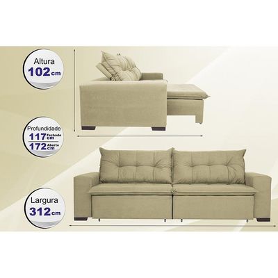 Sofá Austrália 3,12 Mts Retrátil, Reclinável Com Molas E Pillow No Assento Tecido Suede Castor