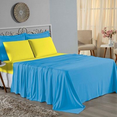 Jogo De Cama Casal Viúva Nobre 4 Peças Malha 100% Algodão - Turquesa / Amarelo