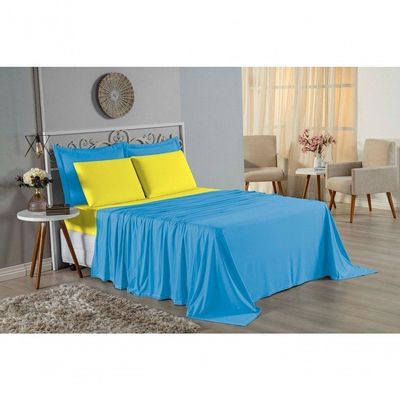 Jogo De Cama Casal Viúva Nobre 4 Peças Malha 100% Algodão - Turquesa / Amarelo