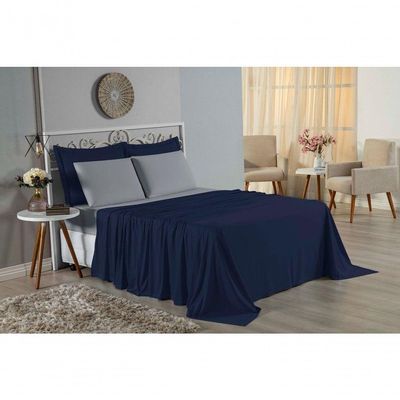 Jogo De Cama Solteiro Nobre 3 Peças Lençol Com Elástico De 30cm De Altura Malha 100% Algodão - Azul-marinho / Cinza