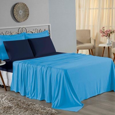 Jogo De Cama Queen Nobre 4 Peças Lençol Com Elástico De 30cm De Altura Malha 100% Algodão - Turquesa / Azul-marinho