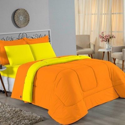 Kit Edredom Dupla Face + Jogo De Lençol Queen Nobre 7 Peças Malha 100% Algodão - Laranja / Amarelo