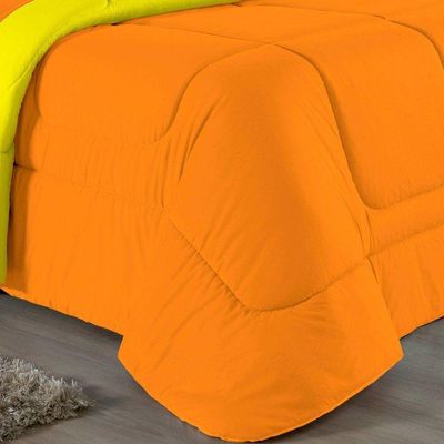Kit Edredom Dupla Face + Jogo De Lençol Queen Nobre 7 Peças Malha 100% Algodão - Laranja / Amarelo