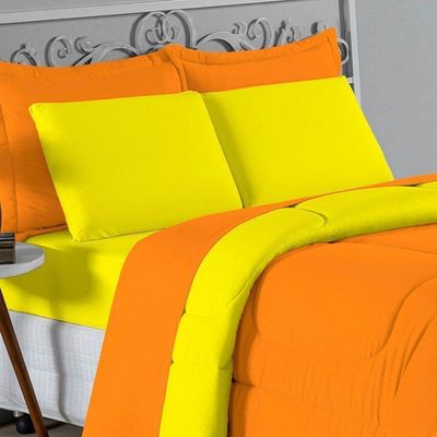 Kit Edredom Dupla Face + Jogo De Lençol Queen Nobre 7 Peças Malha 100% Algodão - Laranja / Amarelo