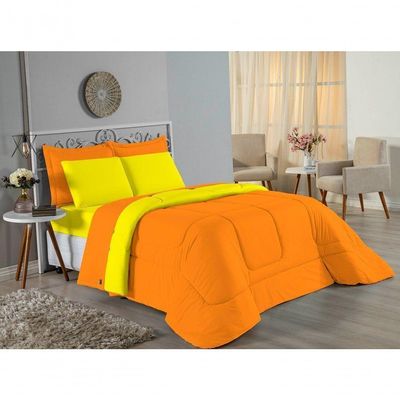 Kit Edredom Dupla Face + Jogo De Lençol Queen Nobre 7 Peças Malha 100% Algodão - Laranja / Amarelo