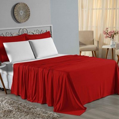 Jogo De Cama Casal Nobre 4 Peças Lençol Com Elástico De 30cm De Altura Malha 100% Algodão - Vermelho / Branco