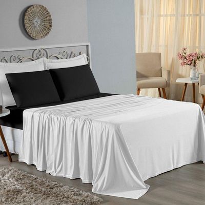 Jogo De Cama King Nobre 4 Peças Lençol Com Elástico De 30cm De Altura Malha 100% Algodão - Branco / Preto