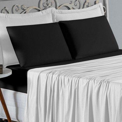 Jogo De Cama King Nobre 4 Peças Lençol Com Elástico De 30cm De Altura Malha 100% Algodão - Branco / Preto