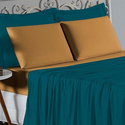 Jogo De Cama Casal Nobre 4 Peças Lençol Com Elástico De 30cm De Altura Malha 100% Algodão - Petróleo / Cobre