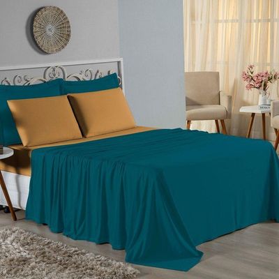 Jogo De Cama Casal Nobre 4 Peças Lençol Com Elástico De 30cm De Altura Malha 100% Algodão - Petróleo / Cobre